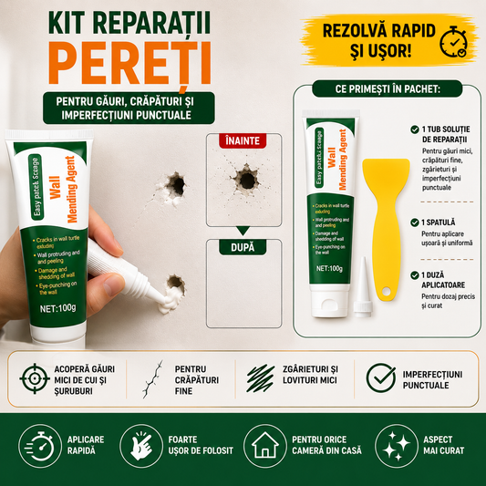 Pachet Reparații Pereți Acasă – Kit pentru găuri, crăpături și pete + soluție cu trafalet