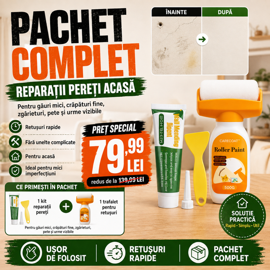 Pachet Reparații Pereți Acasă – Kit pentru găuri, crăpături și pete + soluție cu trafalet
