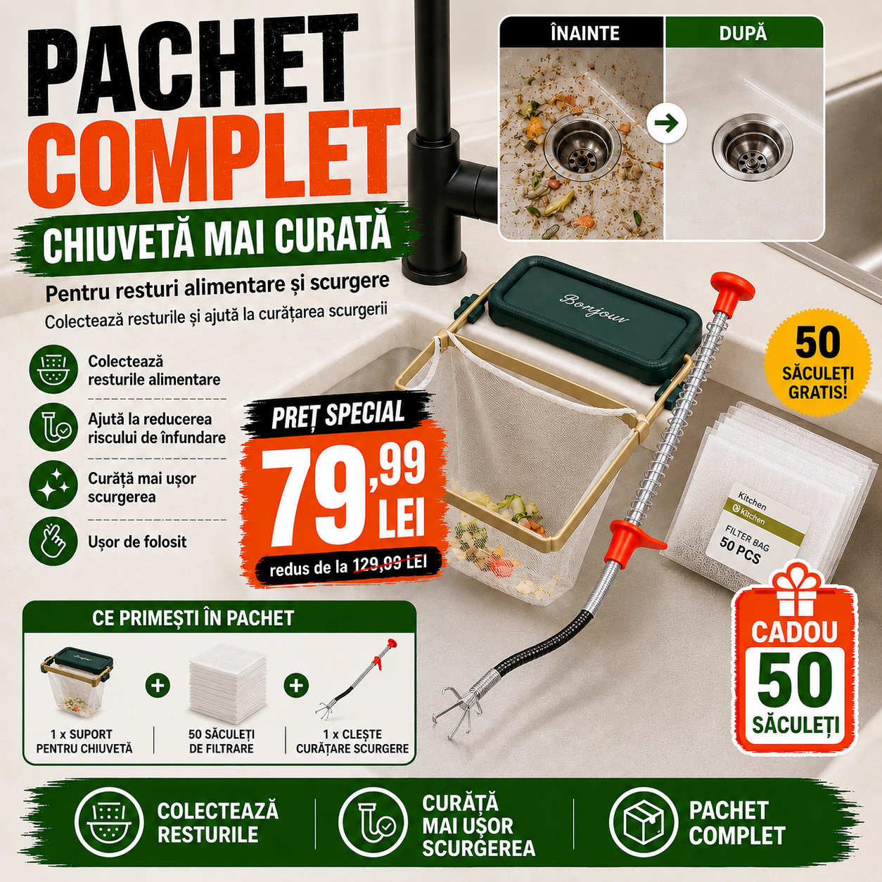 Pachet Anti Înfundare pentru Chiuvetă – Suport + Curățător Scurgere + 50 Saci Gratis