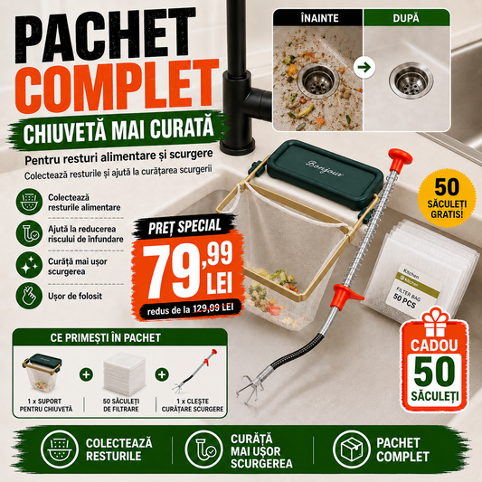 Pachet Anti Înfundare pentru Chiuvetă – Suport + Curățător Scurgere + 50 Saci Gratis